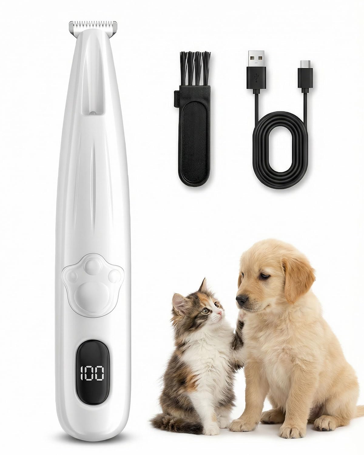 Ķepu trimmeris suņiem ar LED gaismu, USB uzlādējama Paw Trim Pro suņiem un kaķiem, LED displejs, klusa ķepu trimmera mašīnīte ausīm, sejai, ķepām, acīm