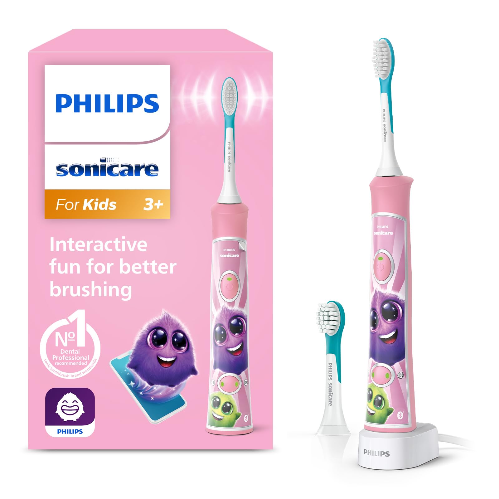 Philips Sonicare For Kids, elektriskā soniskā zobu birste ar lietotni, bērniem no 3 gadiem, ar SmarTimer un QuadPacer rūpīgai tīrīšanai, rozā, modelis HX6352/42