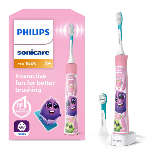 Philips Sonicare For Kids, elektriskā soniskā zobu birste ar lietotni, bērniem no 3 gadiem, ar SmarTimer un QuadPacer rūpīgai tīrīšanai, rozā, modelis HX6352/42