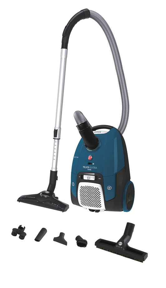 Hoover TELIOS EXTRA - 700W bagged vacuum with adaptive nozzle, 3.5L capacity, 8.6m radius, 69 dBA noise level.