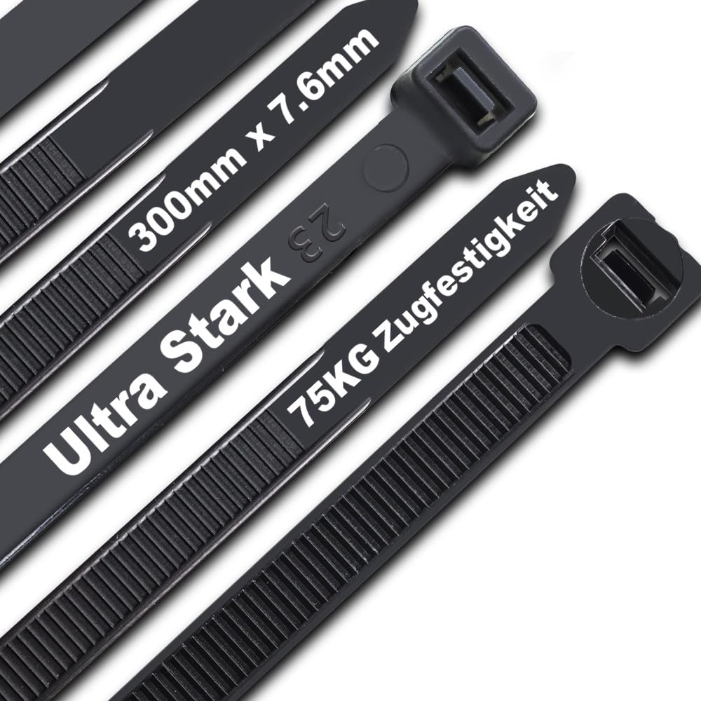 Kabeļu saites melnas 300 mm x 7,6 mm, UV izturīgas, īpaši stipras kabelbinder ar 75 kg stiepes izturību, 100 gab.