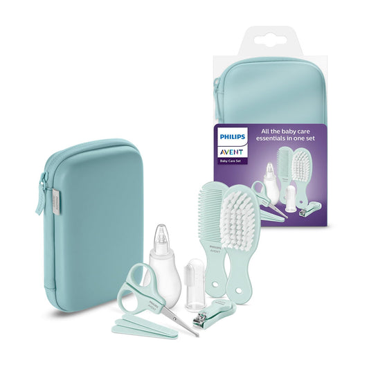 Philips AVENT mazuļa kopšanas komplekts SCH401/00, 9 piederumi: nagu knaiblītes, šķēres, vīlītes, ķemme, matu suka, deguna aspirators un pirksta zobu birste
