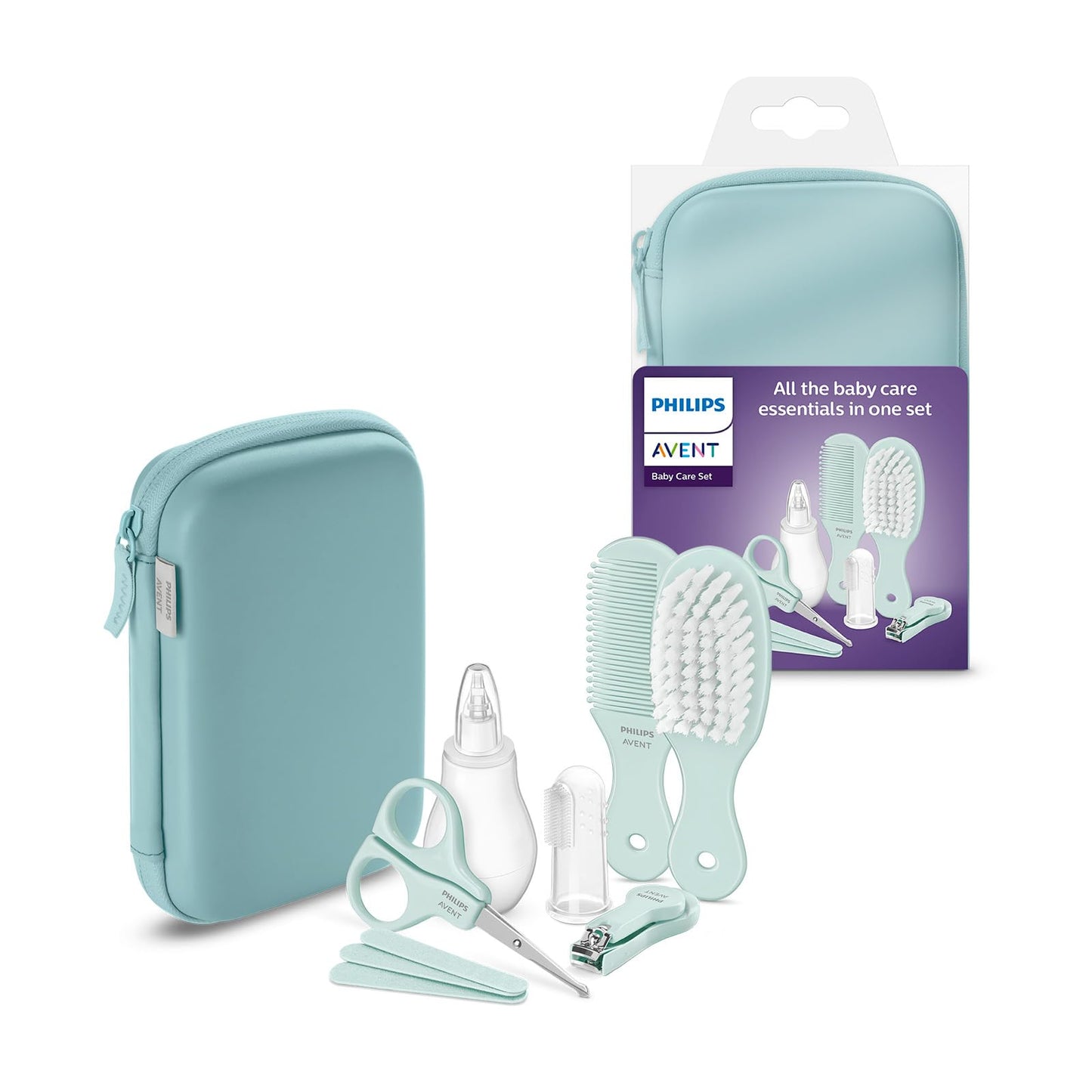 Philips Avent Baby Care Set: 9 daļu sākuma komplekts zīdaiņu kopšanai - nagu knaibles, šķēres, 3 nagu vīlītes, ķemme, birste, deguna aspirators un pirkstu uzpirkstenis (modelis SCH401/00)