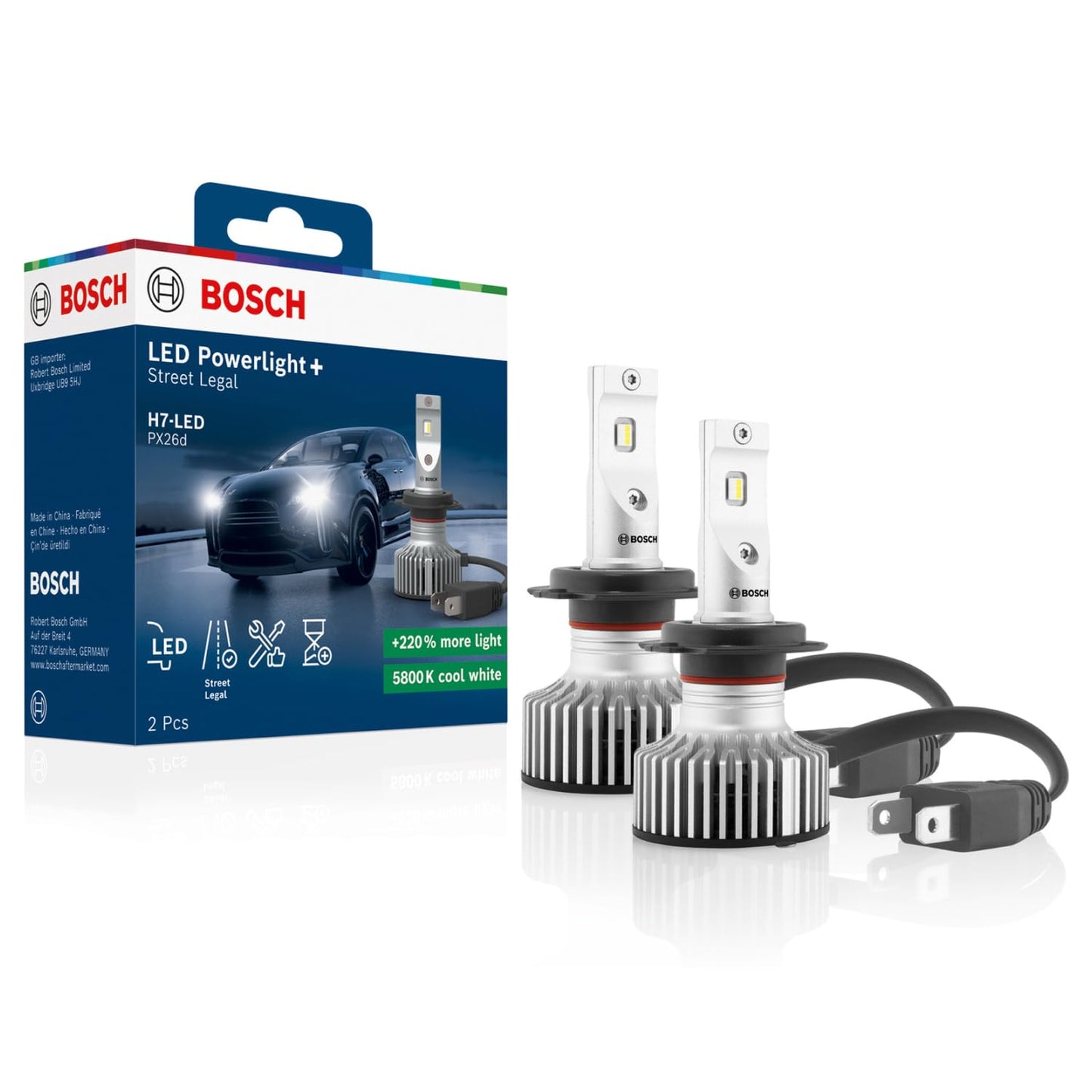 Bosch H7-Powerlight+ LED spuldzes priekšlukturiem, 12V 16W, 5800K, vēsi balta gaisma, Plug-and-Play uzlabojums, līdz 2000 h kalpošanas laiks, 2 gab.
