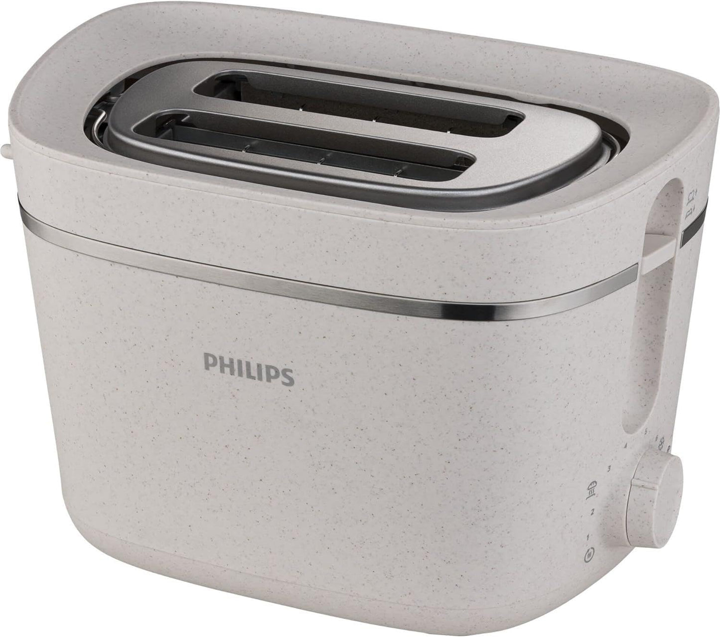 Philips tosteris Eco Conscious Edition - 2 tosta slits, 8 līmeņi, maizes uzlikums, atkausēšanas funkcija, izgatavots no vecā ēdiena eļļas, zīdaini balts-matēts (HD2640/10)