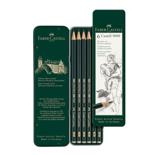 Grafīta zīmuļu komplekts Faber-Castell Castell 9000, 6 gab., metāla kārbā, HB–8B