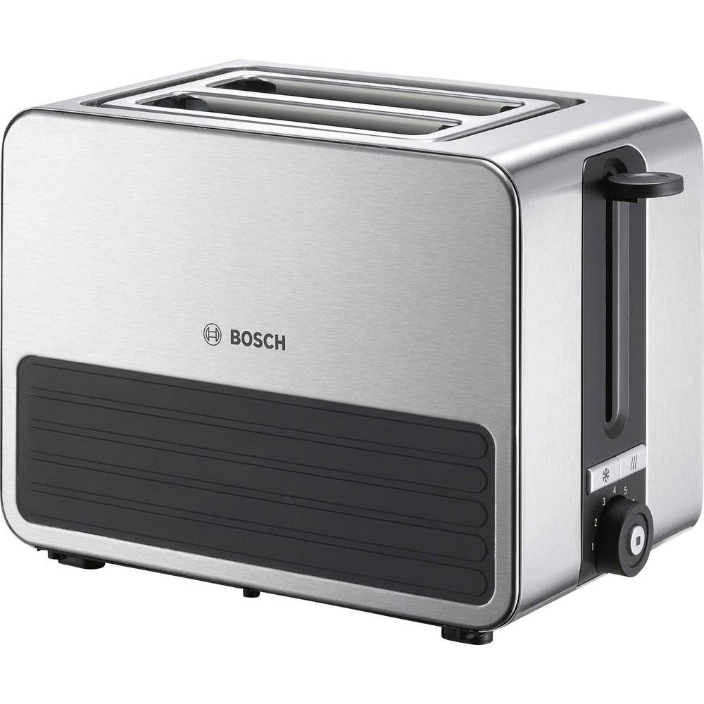 Bosch kompaktais tosteris TAT7S25, integrēts nerūsējošā tērauda maizes uzgaļs, ar automātisko izslēgšanos, ar atkausēšanas funkciju, ideāli piemērots 2 šķēlēm tosta, 1050W, melns/ pelēks