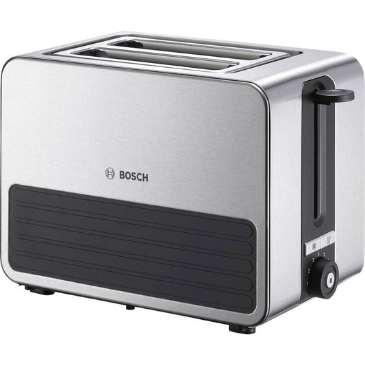 Bosch kompaktais tosteris TAT7S25, integrēts nerūsējošā tērauda maizes uzgaļs, ar automātisko izslēgšanos, ar atkausēšanas funkciju, ideāli piemērots 2 šķēlēm tosta, 1050W, melns/ pelēks