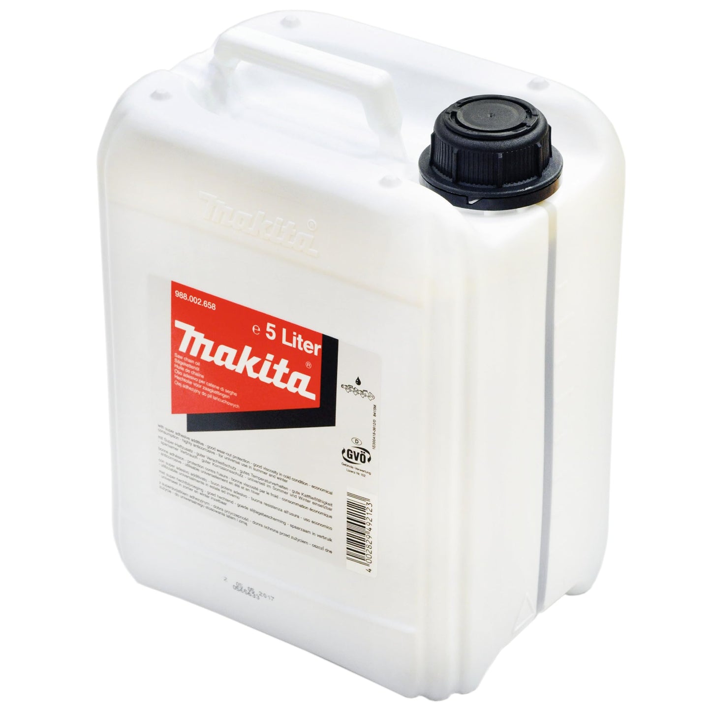 Motorzāģu eļļa Makita 988002658 Sägekettenöl 5 Liter Mineral Plus, minerāla augstas veiktspējas ķēdes zāleļļa ar ļoti efektīvu adhēzijas piedevu, vasarai un ziemai