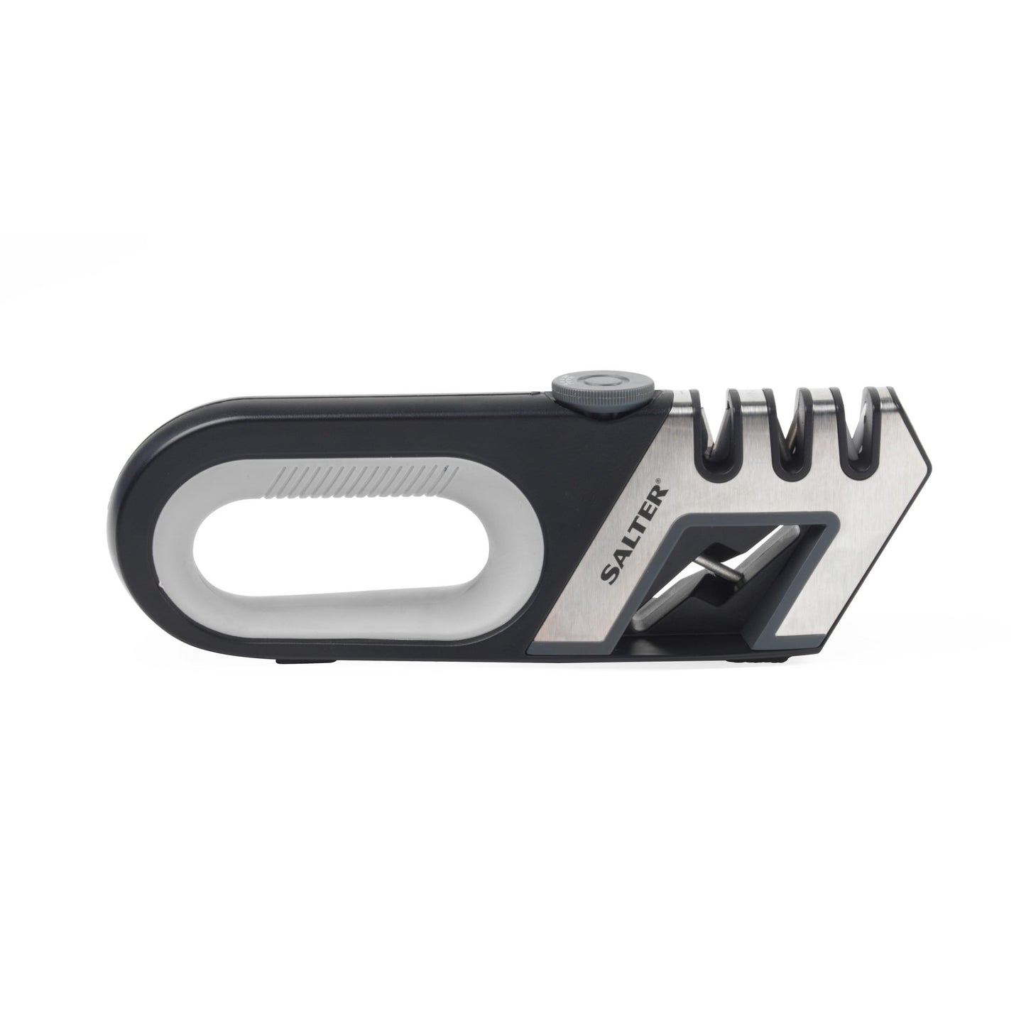 Salter Professional BW11674EU7 Manuālais nažu asinātājs ar rokturi, 4-in-1 asmeņu asinātājs, dimanta un keramikas stienis, regulējams volframa asmens virtuves šķērēm un nažiem, neslīdošs nažu asinātājs