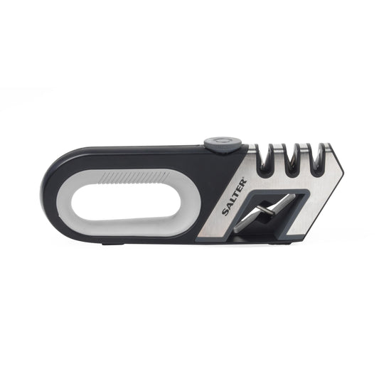 Salter Professional BW11674EU7 Manuālais nažu asinātājs ar rokturi, 4-in-1 asmeņu asinātājs, dimanta un keramikas stienis, regulējams volframa asmens virtuves šķērēm un nažiem, neslīdošs nažu asinātājs