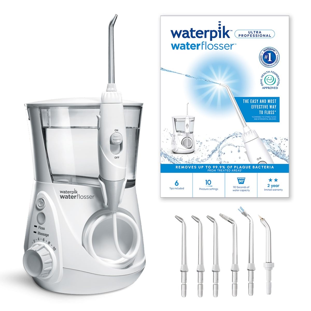 Waterpik Ultra Professional Mutes duša, Testa uzvarētājs 2025, Precizitātes pulsa tehnoloģija, TÜV zīmogs, līdz 99,9 procentiem plāksnes noņemšana, 6 uzgaļi, 10 individuālas režīmi, iebūvēts taimeris, Balta
