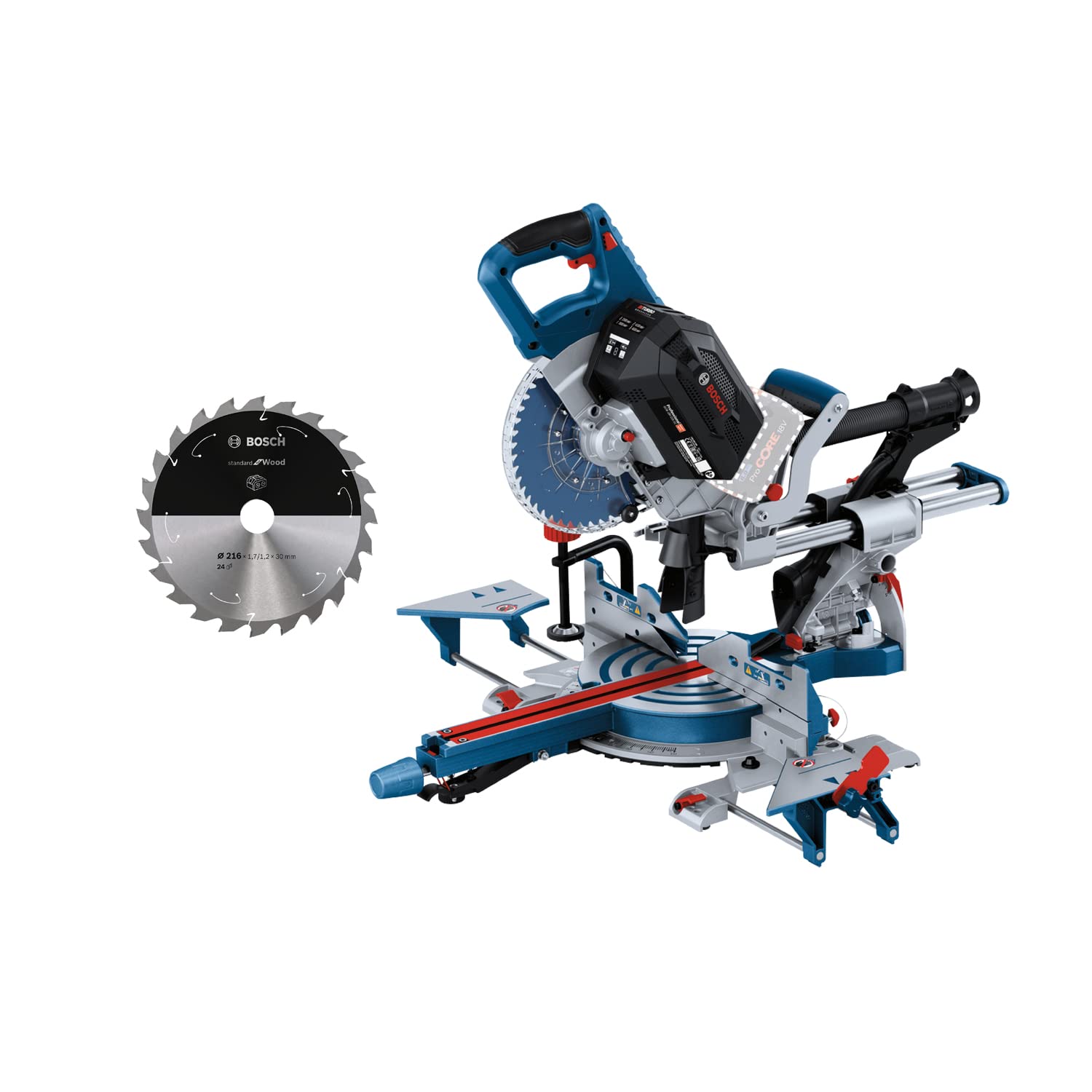 Bosch Professional 18V BITURBO akumulatora leņķzāģis GCM 18V-216 DC - 216mm zāģa asmens, 1.600 W jauda, bez akumulatora/lādētāja.