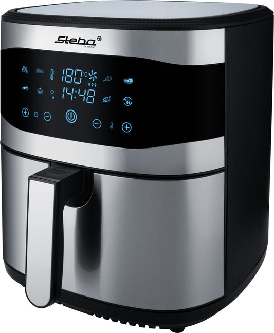 Steba HF 8000 - 8L hot air fryer with touchscreen, 8 programs, 60 min timer, 1800W, oil-free cooking.