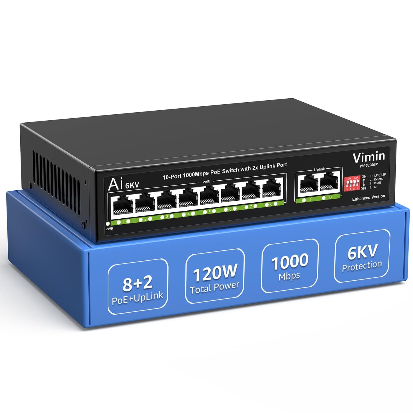 10 portu Gigabit PoE slēdzis ar 8 PoE portiem, VIMIN 8 portu nevadāms 10/100/1000Mbps tīkla PoE slēdzis ar 2 uplink portiem, AI Watchdog, VLAN, paplašinājums 250m, atbalsta IEEE802.3af/at
