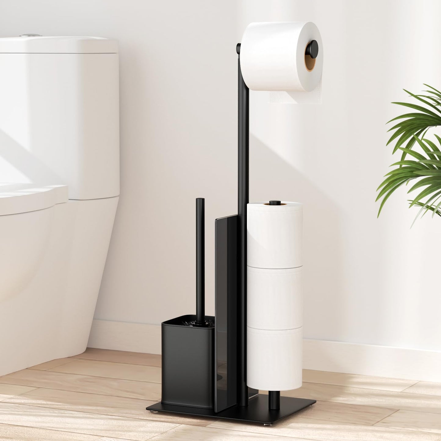 Stāvošs tualetes papīra turētājs ar WC birsti, tualetes papīra statīvs, melns matēts