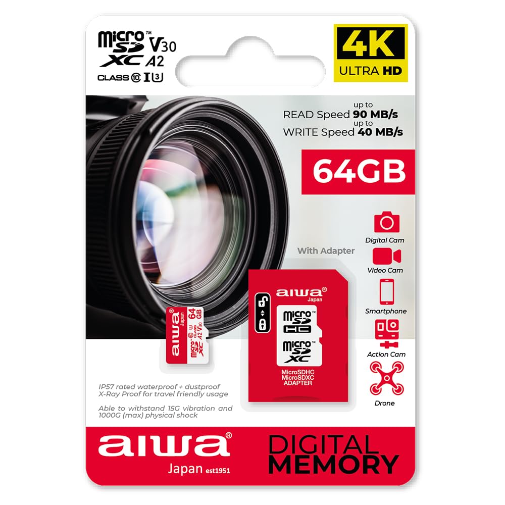 AIWA MSDV30 64GB MICROSDXC Class 10 Class U3 UHS atmiņas karte ar adapteri U3 A2 SDXC IP57 90Mbps