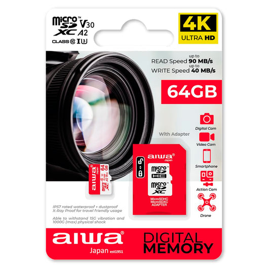 AIWA MSDV30 64GB MICROSDXC Class 10 Class U3 UHS atmiņas karte ar adapteri U3 A2 SDXC IP57 90Mbps