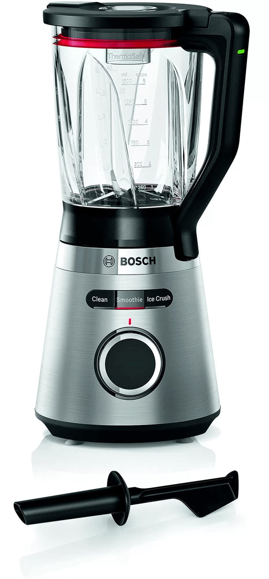 Bosch VitaPower 4 MMB6382M - 1200W, 1.5L ThermoSafe glass bowl, stainless steel blades, dishwasher-safe parts.