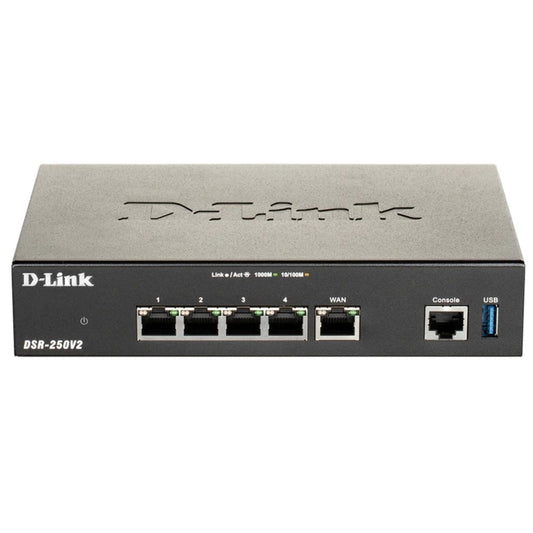 D-Link DSR-250V2 vienotais pakalpojumu VPN maršrutētājs (Gigabit Multi-WAN, rezerves, slodzes līdzsvarošana, IPSec/PPTP/L2TP/OpenVPN, dinamiskā tīmekļa satura filtrēšana, lietojumprogrammu kontrole, gūstekņu portāls)