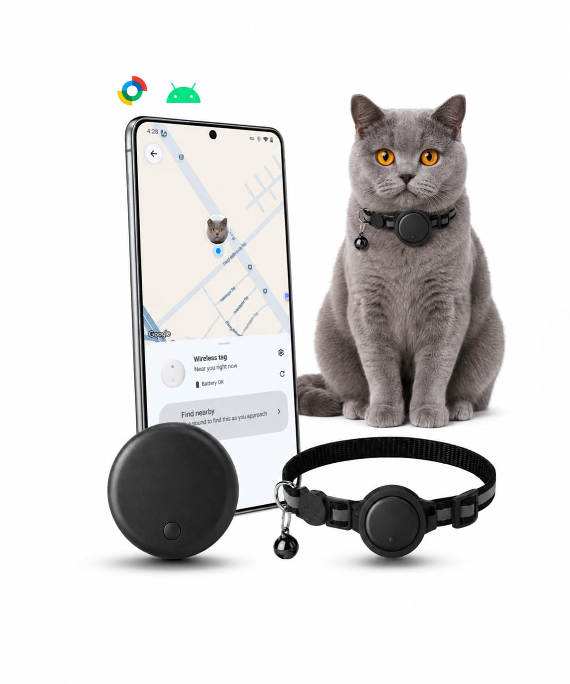 GPS izsekotājs kaķim Android, kaķu trekeris ar kaklasiksnu, saderīgs ar Google Find Hub, bez abonementa, Bluetooth tags brīvlaišanas un mājas kaķiem