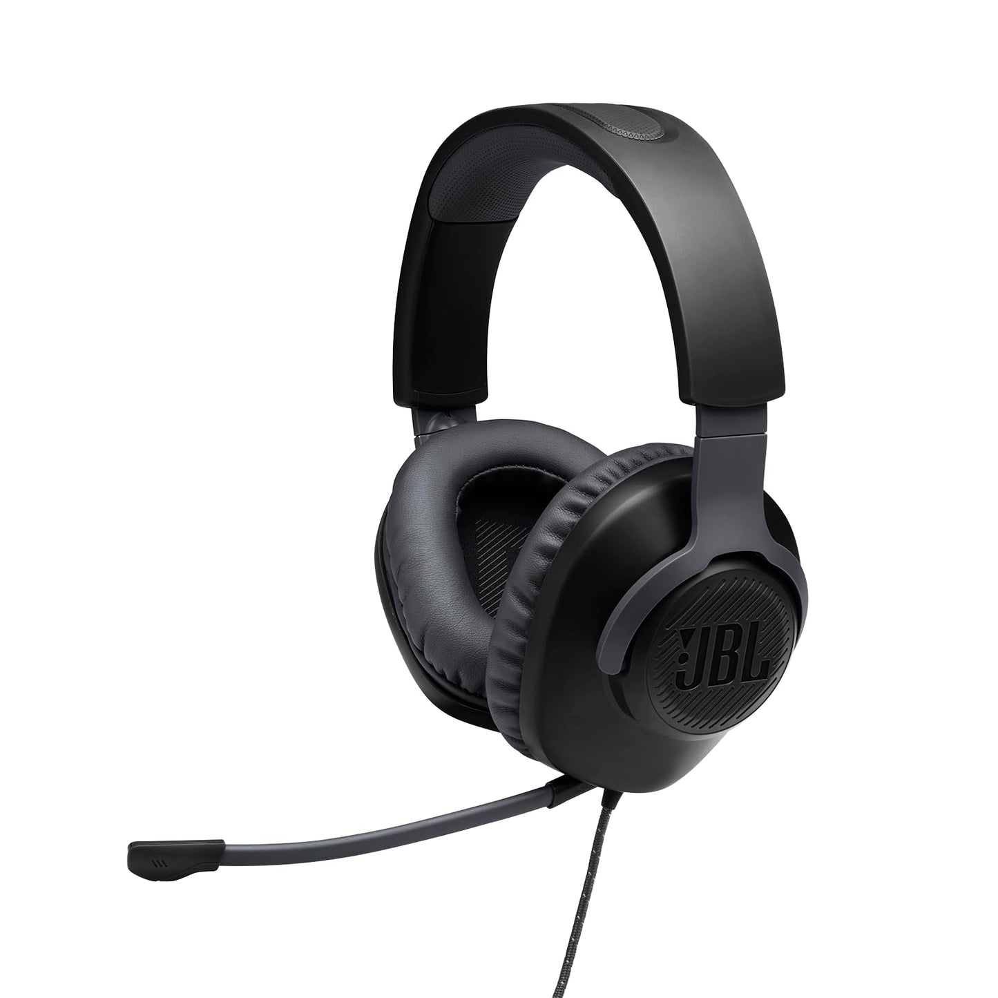 Spēļu austiņas JBL Quantum 100 ar galvas lenti – vadu savienojums 3,5 mm – noņemams mikrofons – saderīgas ar daudzām platformām – melnas