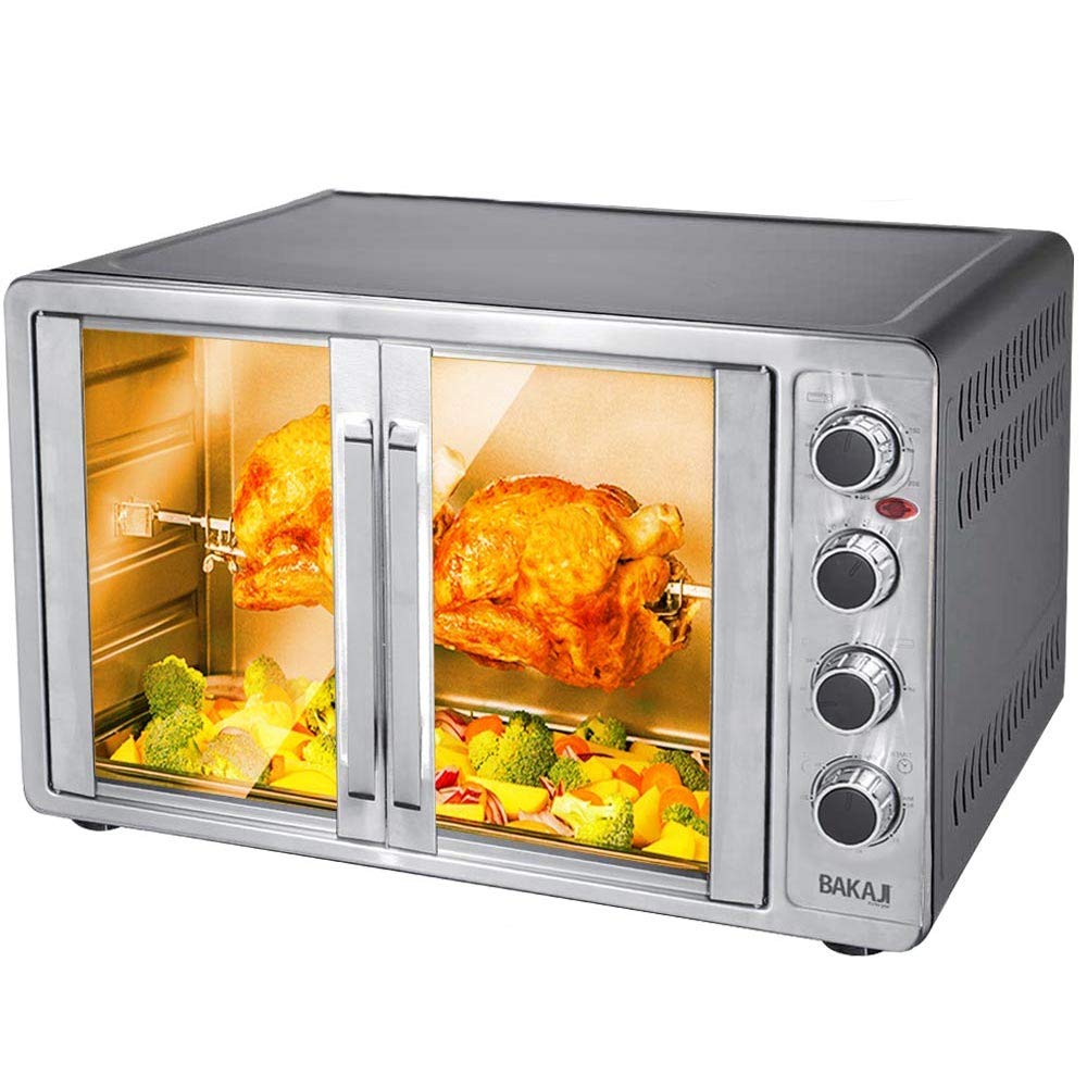 Bakaji elektriskā krāsns ar konvekciju, 55 l, jauda 2200 W, ar divām iekšējām durvīm, 4 gatavošanas līmeņi, regulējama temperatūra, taimeris ar grilēšanas spit un piederumiem