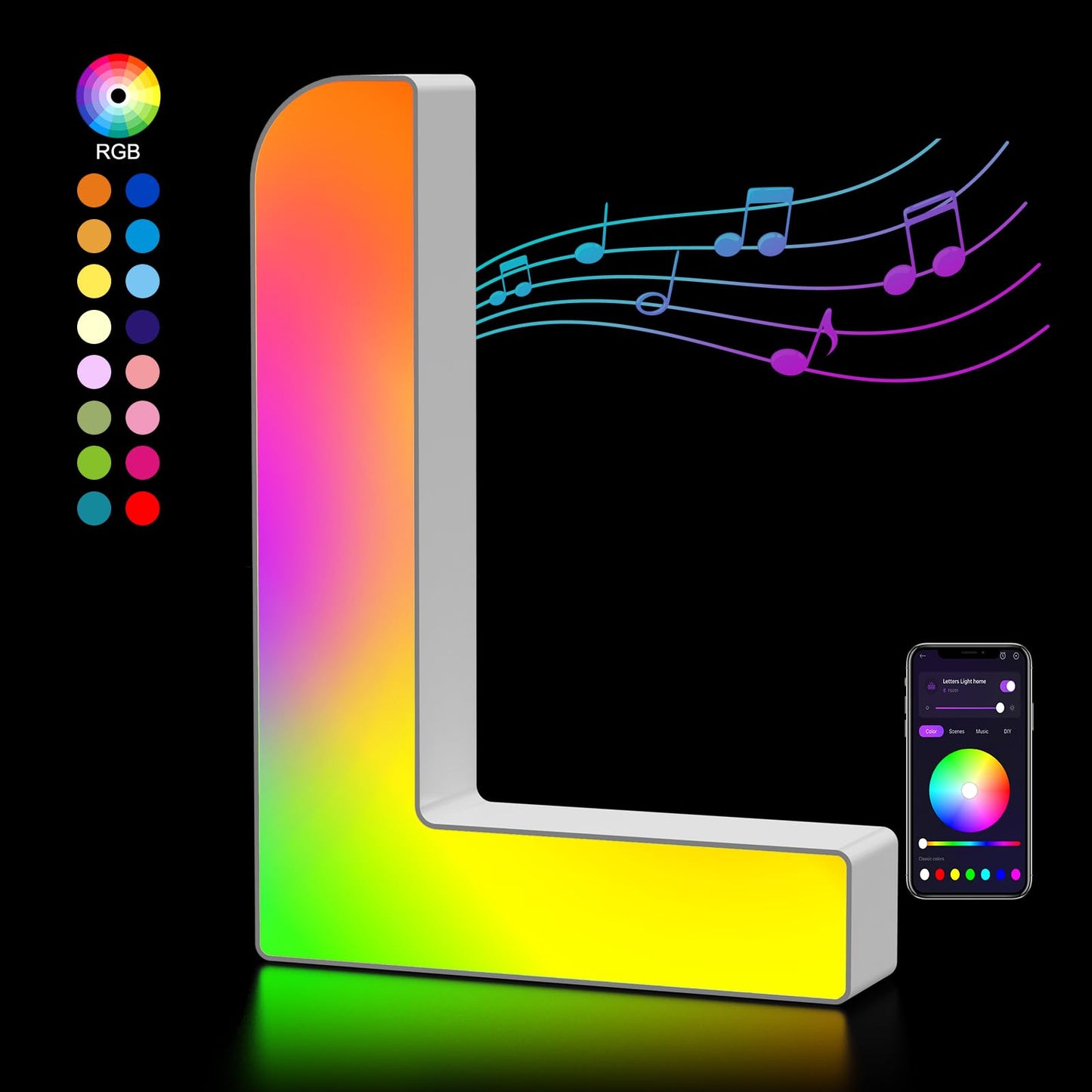 LED burtu gaismas OUILA, alfabēts, krāsu mainošs LED dekoratīvs burts ar USB barošanu, APP vadība, dimmējams, svētku un pasākumu dekoram, burts L