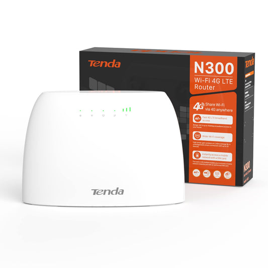 Tenda 4G03 4G LTE maršrutētājs, WLAN maršrutētājs SIM kartēm (CAT4, 150Mbit/s lejupielādē, 300Mbit/s 2,4GHz), 2 Fast-Ethernet porti, Plug & Play, lietotne, IPv6, viesu tīkls, datu plūsmas uzraudzība, balts
