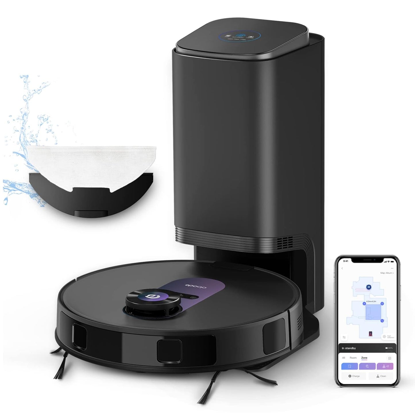 Obode A8+ putekļsūcējs robots ar izsūknēšanas staciju(2.5L) 4000Pa 3D šķēršļu atpazīšana putekļsūcējs robots, 10mm mopa pacelšanas sistēma, 180min darbības laiks tīrīšanas robots, APP vadība, ideāli piemērots dzīvnieku matiem, paklājiem, cietām grīdām