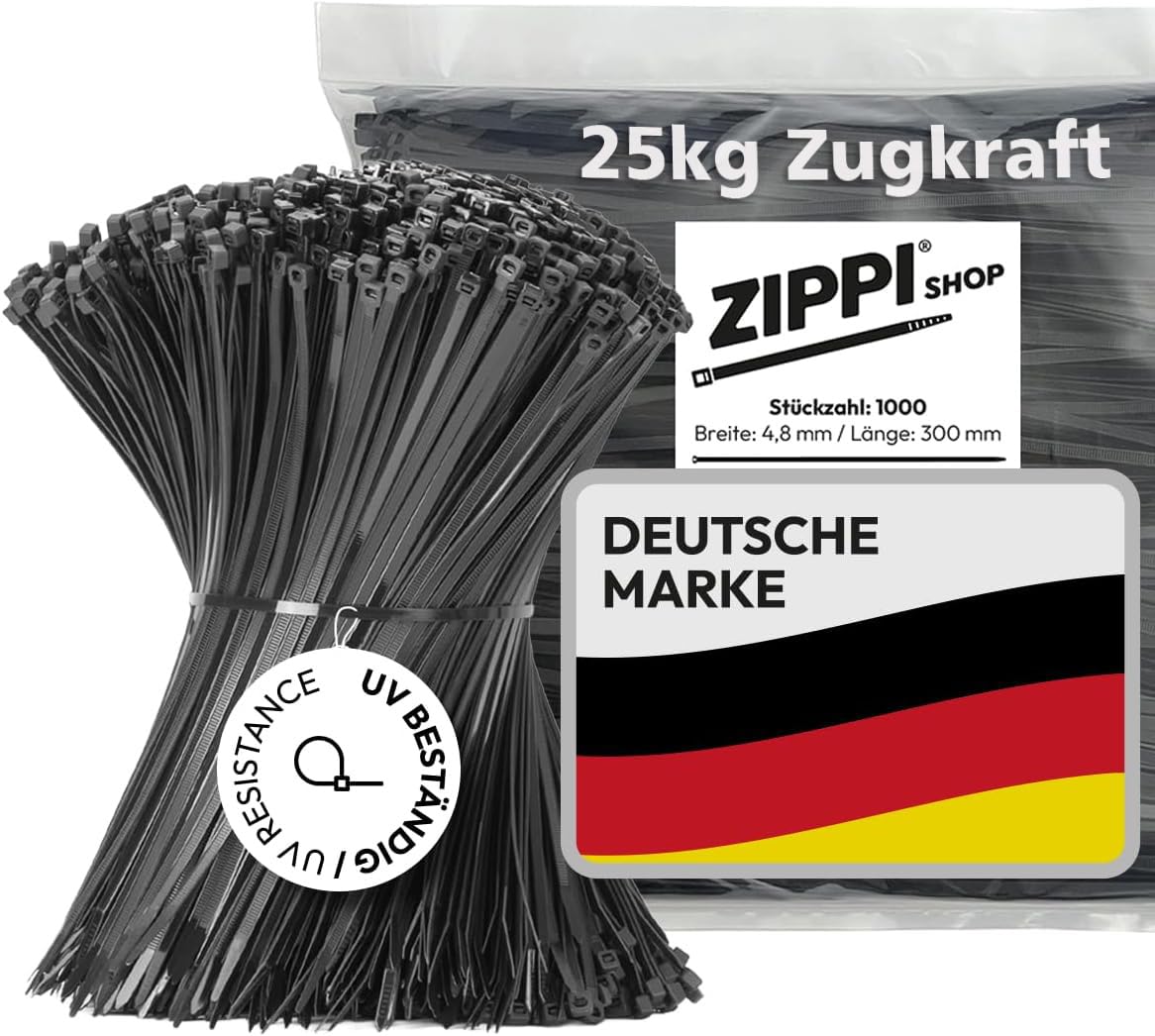 Kabeļu saites 300mm melnas (1000 gab.) | 300mm x 4,8mm - 25kg stiepes izturība