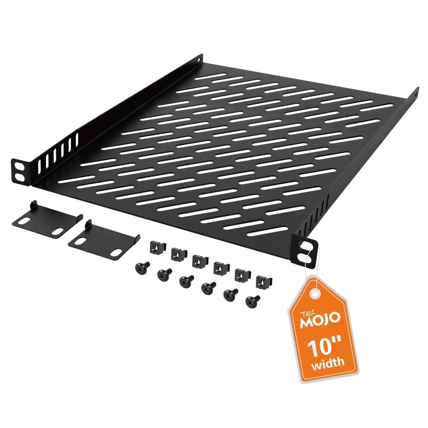 Tecmojo 10 collu 0,5HE 260mm dziļš plaukts, stiprinājums priekšpusē 10" servera skapjiem, perforēta apakšplāksne ar ventilācijas atverēm, metāla plaukts, uzlabota gaisa cirkulācija, melns