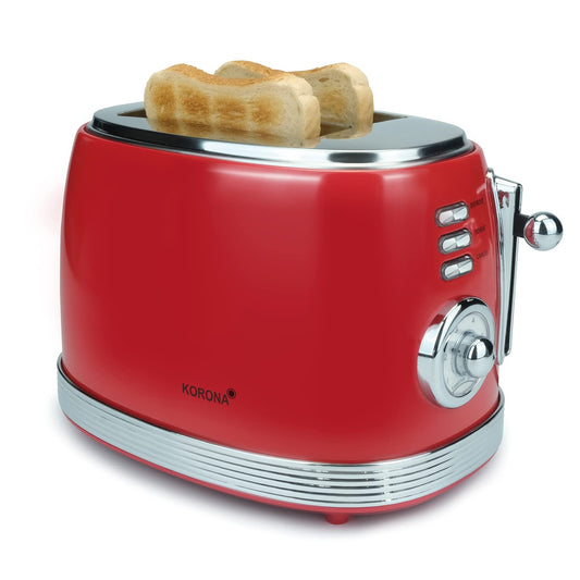 Korona 21668 tosteris | 2 šķēles | retro dizains | sarkans | 6 brūnināšanas līmeņi | retro | atkausēšana, grauzdēšana, uzsildīšana | 850 vati | maizes cepumu turētājs | drupatu atvilktne | maizes šķēļu centrēšana