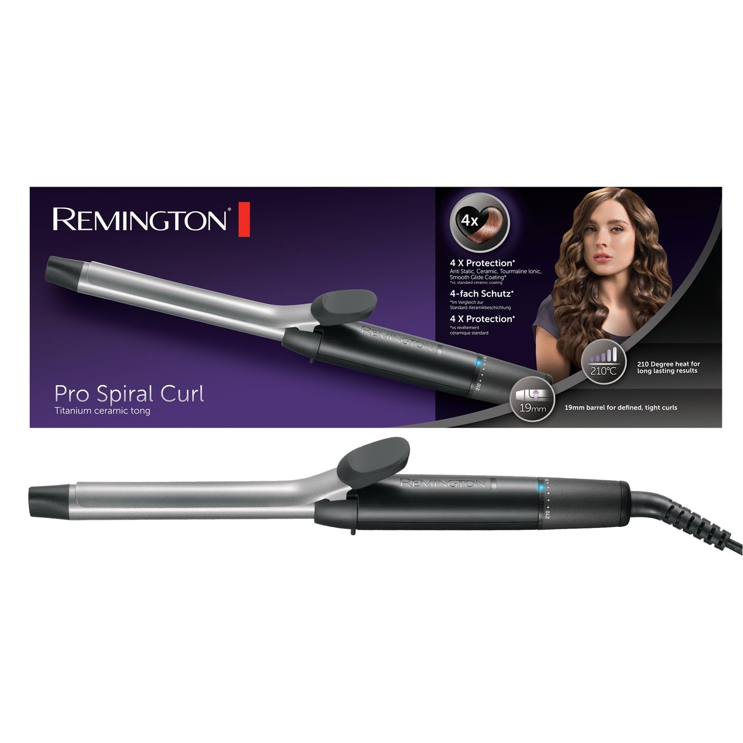 Remington Lokšķēres maziem lokiem [19mm] Pro Spiral Curl (4-kārtīga aizsardzība, antistatiskā keramikas-turmalīna pārklājums) -Digitālais displejs līdz 210°C, ar skavu, šauri un definēti ringloki, CI5519