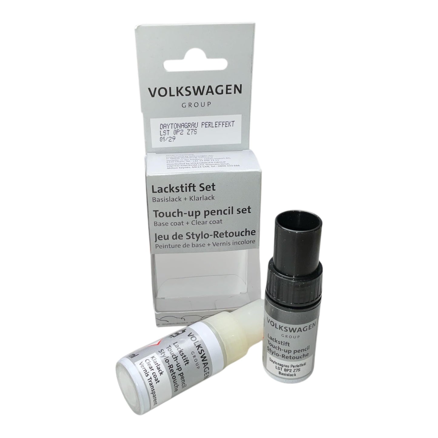 Auto krāsas zīmuļu komplekts Volkswagen LST0P2Z7S Z7S Daytona pelēks ar pērļu efektu un caurspīdīgo laku, 2x9ml