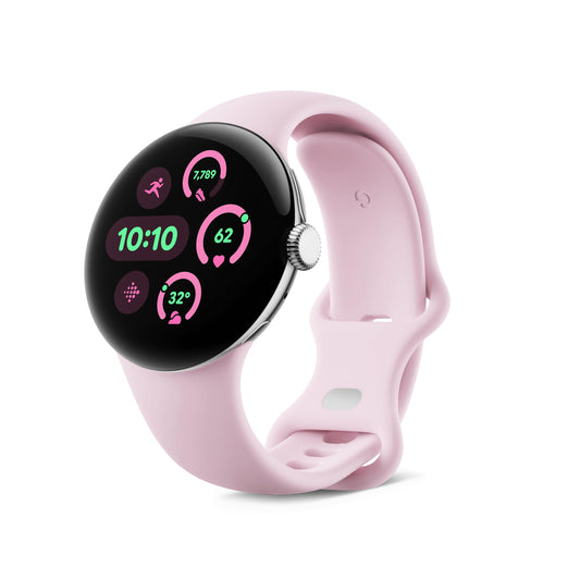 Google Pixel Watch 3 - 41mm, heart rate monitoring, Fitbit running insights, 24-hour battery, polished silver aluminum, rose quartz band