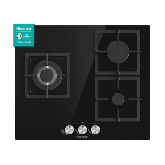 Hisense GG633B – gāzes plīts, 3 zonas, 60 cm, čuguna grils un melns cietais stikls, automātiskā aizdedze, integrēta vadības elementu, drošības gāzes apstāšanās, viegla tīrīšana