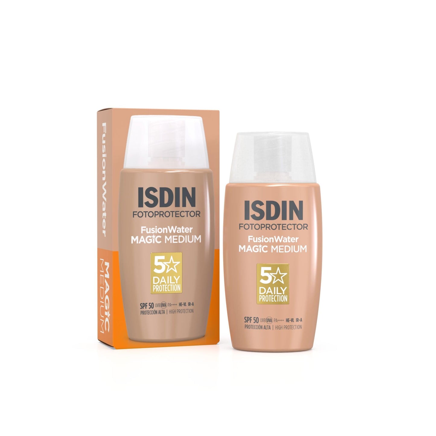 Tonēts saules aizsargkrēms sejai ISDIN Fusion Water Magic Color Medium LSF 50, dabīgs pārklājums un vienmērīgs ādas tonis, mitrinošs, īpaši viegls, 50ml