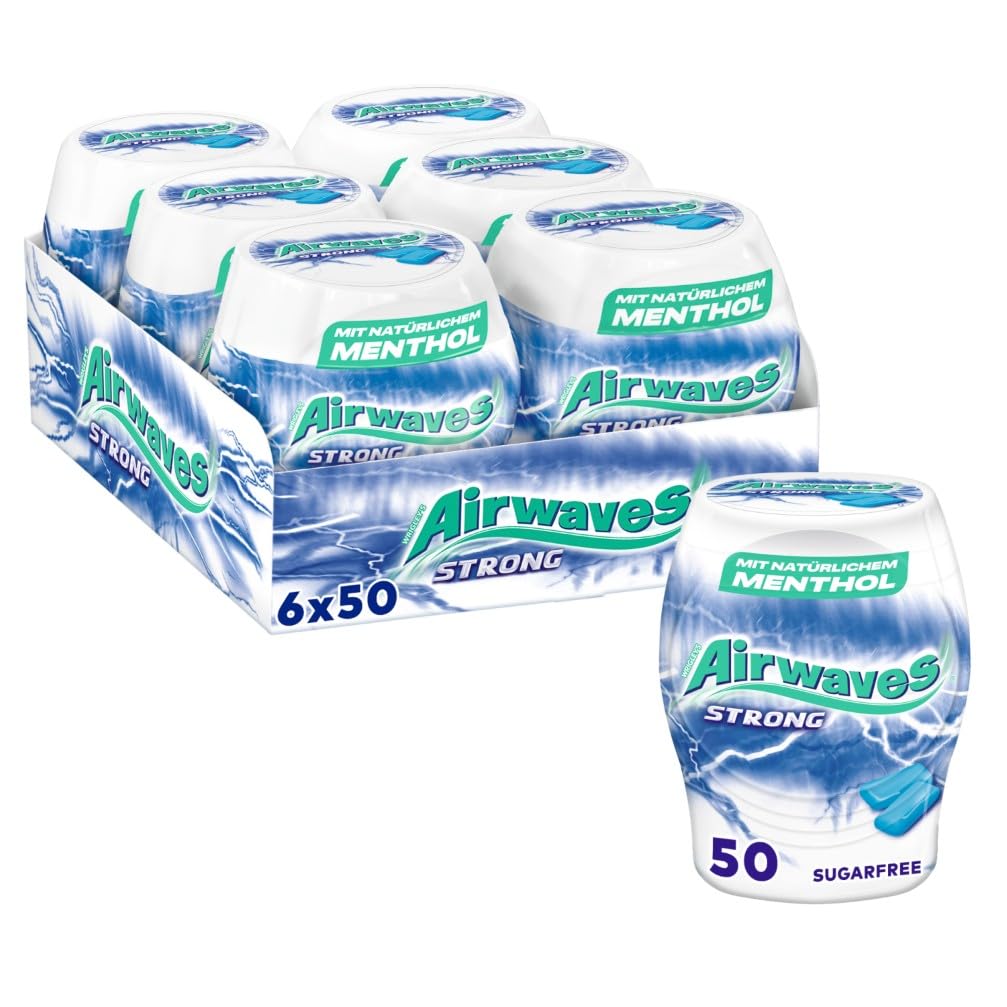 Airwaves bezcukura košļene, Strong Gum, 6 x 50 dragees, liela iepakojuma košļene, bezcukura košļene ar piparmētru svaigumu (300 dragees)