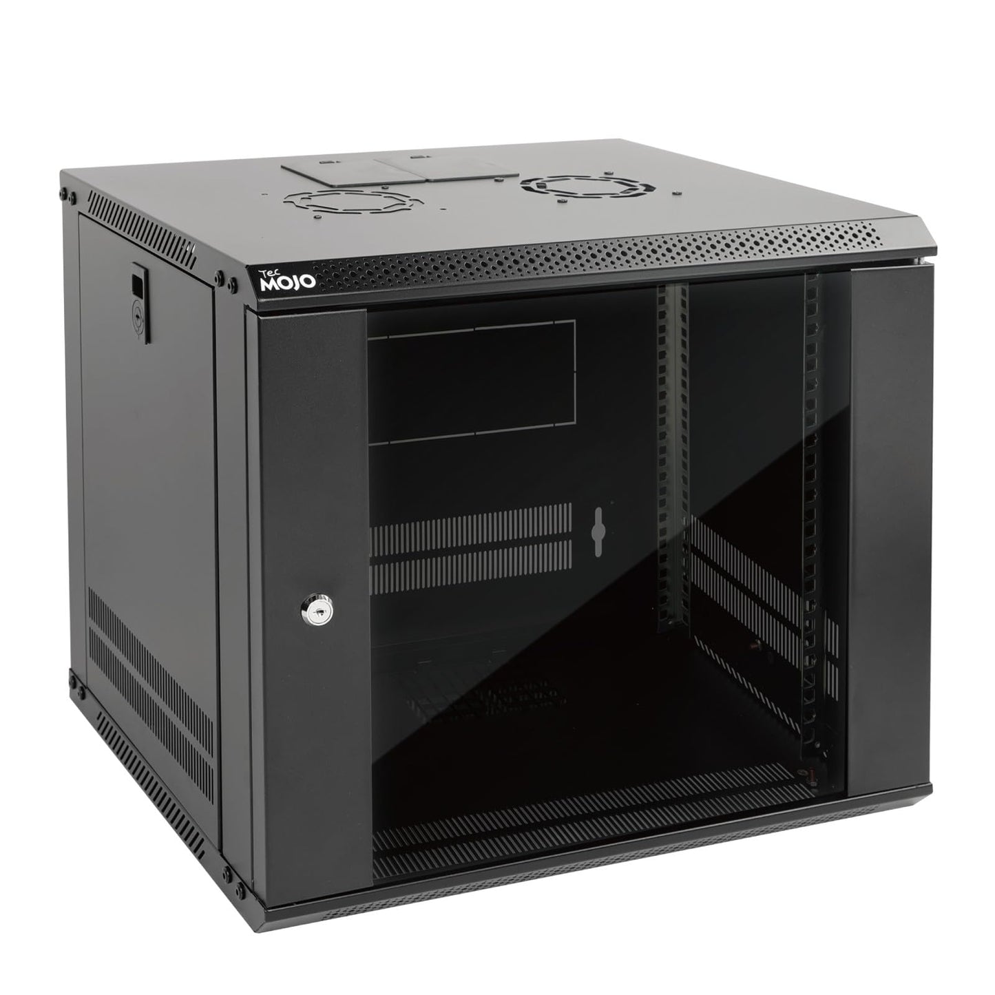 Tecmojo 19 collu 9HE 450mm dziļš tīkla skapis, sienas montāžas servera skapis, 19" IT tīkla rack korpuss, slēdzamas durvis un sānu paneļi, stikla durvis, plakans iepakojums, melns