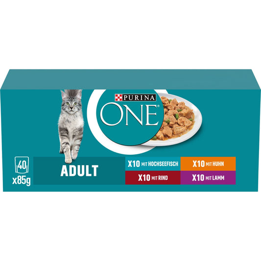 Mitrā kaķu barība PURINA ONE Adult, sortimentu komplekts, 40 iepakojumi (40 x 85g)