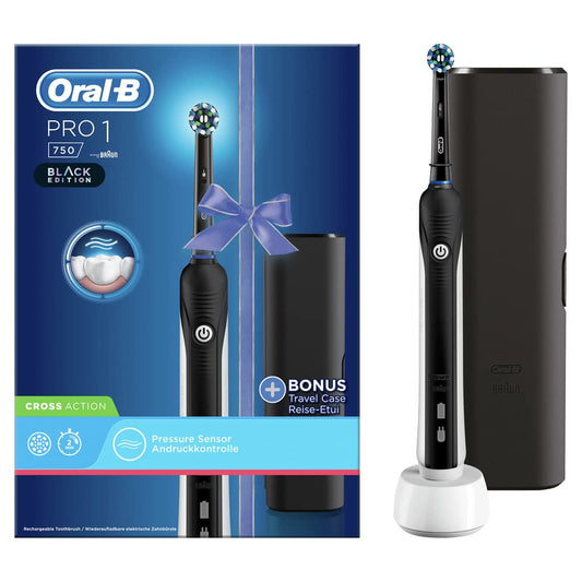 Oral-B PRO 1 750 Black Edition elektriskā zobu birste, elektriskā zobu birste, lai nodrošinātu rūpīgu zobu tīrīšanu, 1 tīrīšanas programma, spiediena sensors, taimeris un ceļojumu etuijs, 1 CrossAction uzlikamā suka, melna