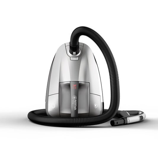 Nilfisk Elite putekļsūcējs - HEPA filtrs, pretalerģisks, piemērots grīdām, paklājiem un polsterējumam, sudraba krāsā.
