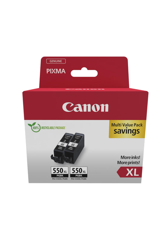 Canon PGI-550 XL Twin - 2 XL black ink cartridges, eco-friendly packaging, theft prevention label, high capacity.