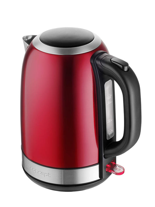 CONCEPT RK3243 - 1.7L stainless steel kettle, 2200W power, vibrant red color, fast boiling for efficient tea preparation.