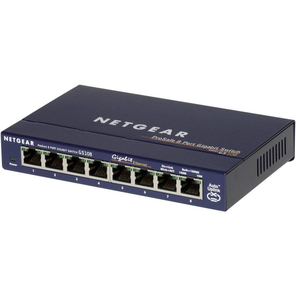 8 portu gigabitu Ethernet tīkla komutators NETGEAR GS108GE, Plug-and-Play, LAN sadalītājs, bez ventilatora, metāla korpuss, ProSAFE Lifetime-garantija, zils