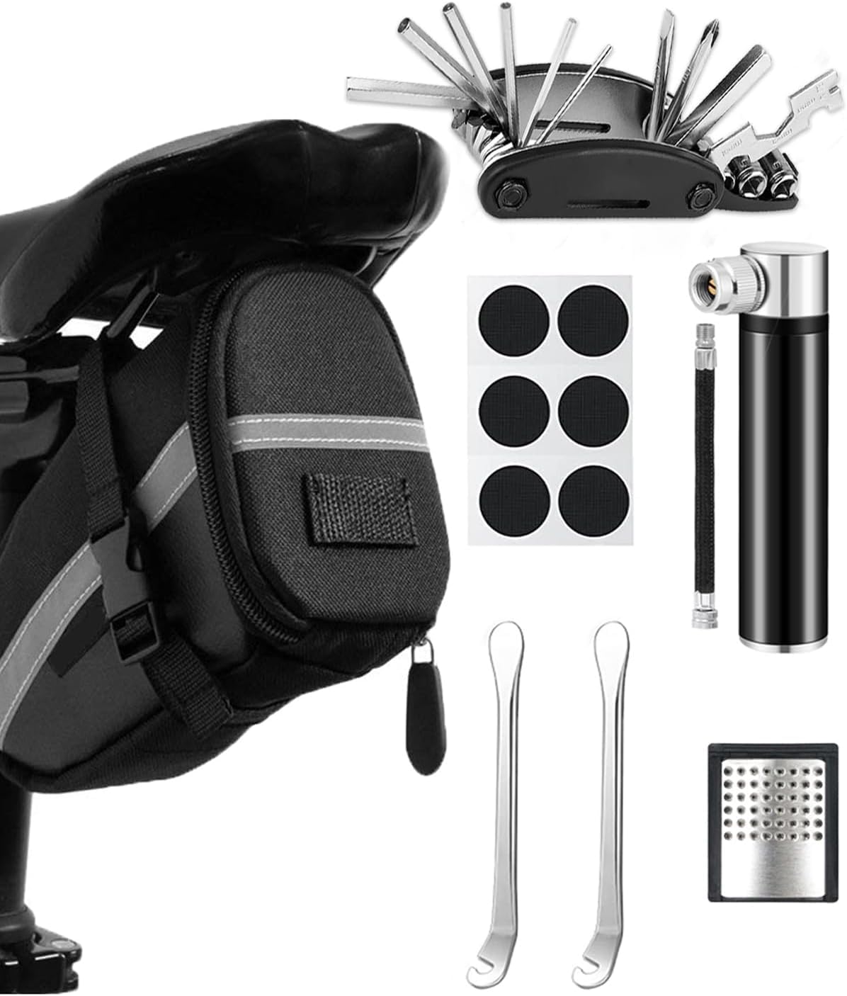 Velosipēda remonta komplekts ar seglu somiņu, 16-in-1 velosipēda multitools + 120 PSI mini pumpis, velosipēda instrumentu komplekts ceļā, avārijas remonta komplekts | instrumentu komplekts velosipēdam, MTB