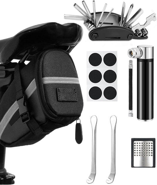Velosipēda remonta komplekts ar seglu somiņu, 16-in-1 velosipēda multitools + 120 PSI mini pumpis, velosipēda instrumentu komplekts ceļā, avārijas remonta komplekts | instrumentu komplekts velosipēdam, MTB