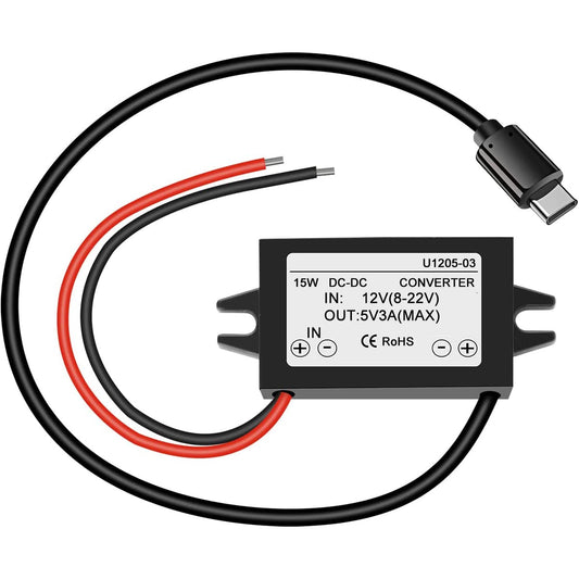 Ūdensizturīgs DC-DC pazemināšanas modulis Greluma 12V uz 5V 3A, Type C USB C barošanas pārveidotājs, saderīgs ar Raspberry Pi 4, mobilo tālruni, auto