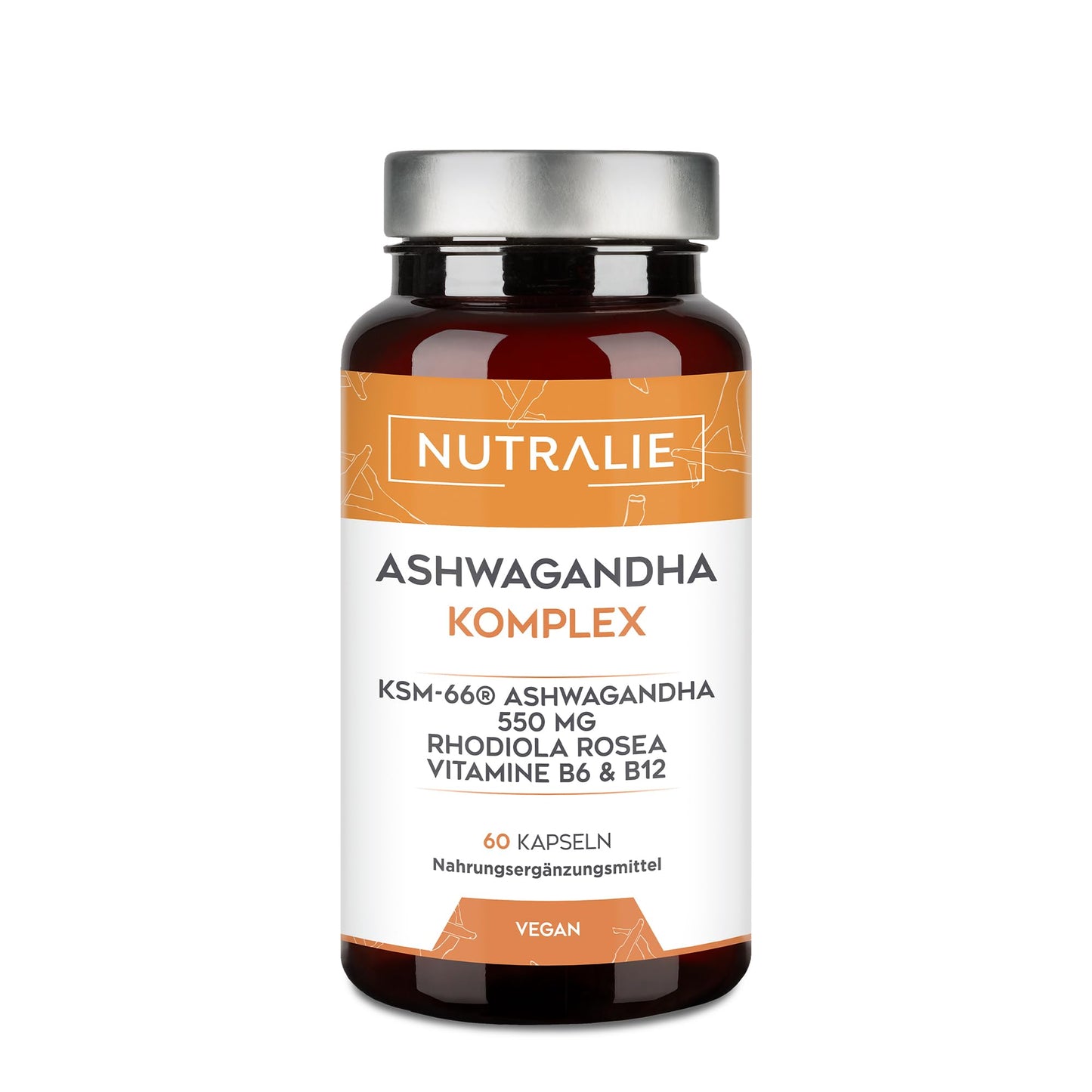 Ashwagandha KSM-66 610mg - Rhodiola Rosea + 5% withanolīdi + Vit B6 B12 + Withania Somnifera - 60 vegānās kapsulas Nutralie